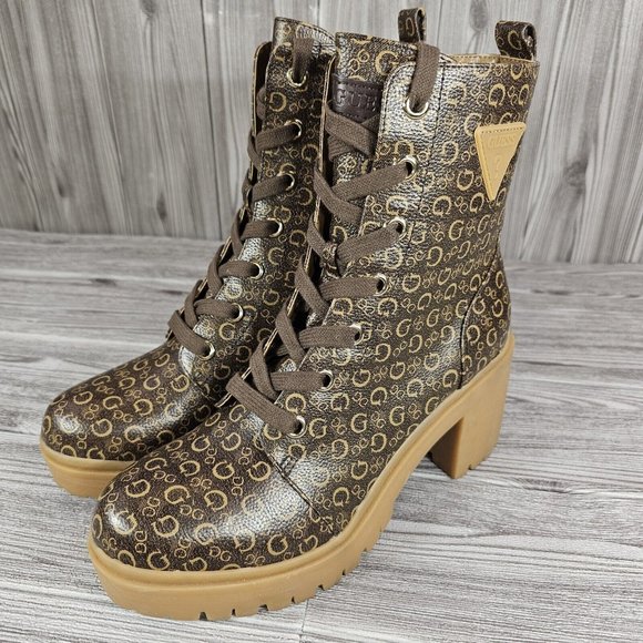 Guess Quincy 3 Logo Heeled Boots - Brown/Tan - DSLRT06K - Women's Size 9 NEW - Picture 1 of 9